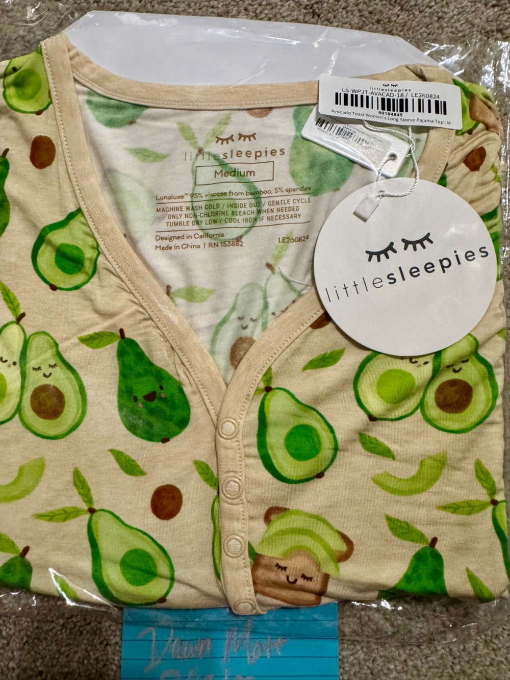 NWT Little Sleepies Avocado Toast size Medium Top Only, Pants also available